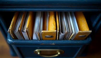 A drawer filled with yellow file folders containing documents