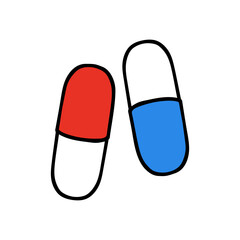 Blue and red Pills hand drawn vector illustration on white background