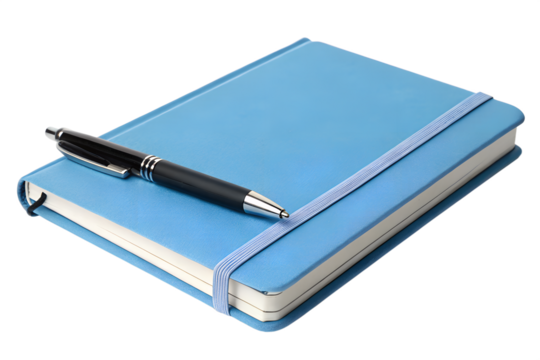 Blue notebook with pen isolated on transparent background