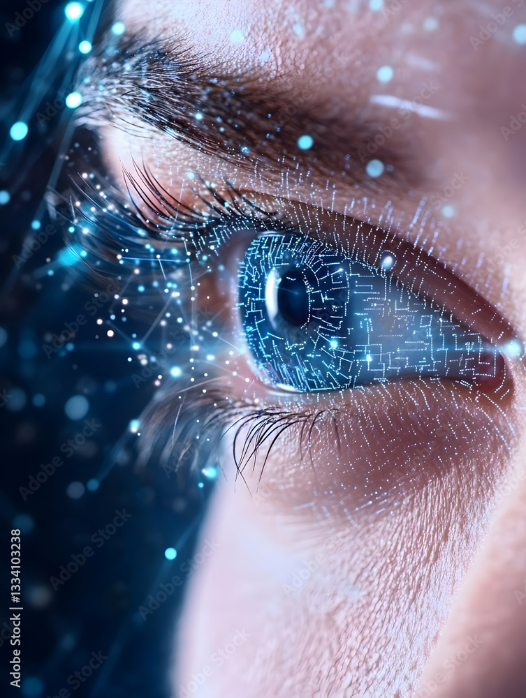 Poster close-up of a human eye with digital circuitry and data streams