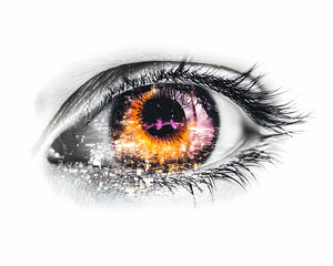 Close-up of a human eye with a city reflection in the iris