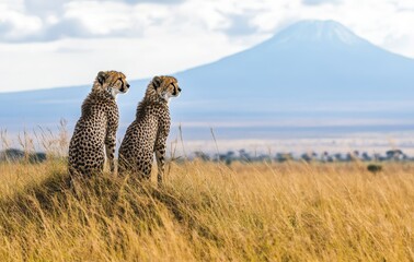 Two Cheetahs Resting on a Hill Overlooking a Vast Grassland with a Majestic Mountain in the Background Under a Bright Blue Sky