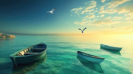 Naklejka premium Serene Seascape: Boats at Sunset