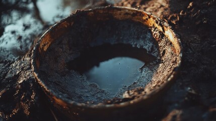 Circular Metal Container Holding Rainwater Surrounded by Muddy Ground in Natural Outdoor Environment