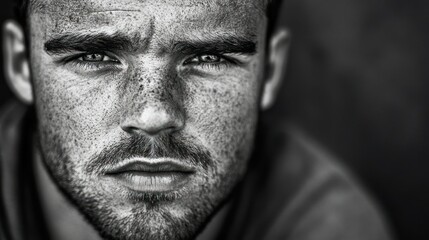 A Black And White Portrait Of A Man Staring Directly