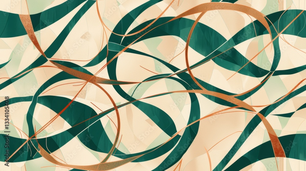 Poster a dynamic artwork showcasing overlapping dark teal arches and sienna ribbons, creating movement acro