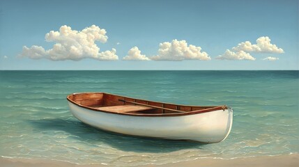 Naklejka premium Lonely White Rowboat on Calm Turquoise Waters under a Clear Sky
