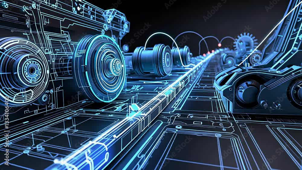 Poster futuristic digital blueprint of an automated industrial assembly line with holographic engineering a