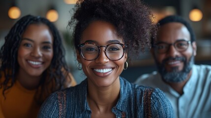 A heart-warming close-up of a family of three smiling together, showcasing a feeling of love, togetherness, and connection in a cozy environment