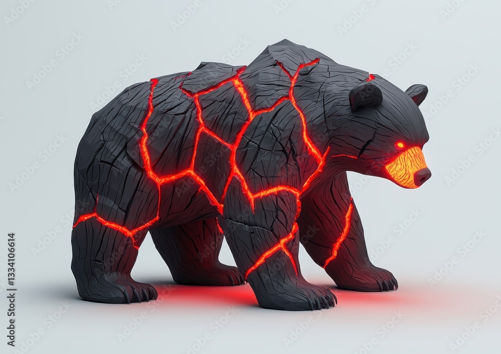 Poster a stylized bear figure with a textured surface and glowing red cracks, combining elements of nature 
