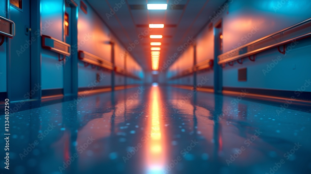Poster a long corridor stretches into the distance with alternating lights creating a surreal and futuristi