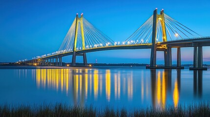 Obraz premium A large illuminated suspension bridge reflecting in calm water