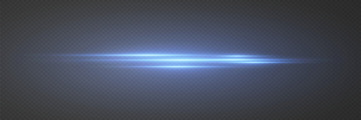 Neon laser beam of light and flare, horizontal light line effect.