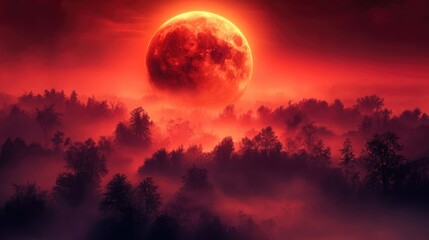 Crimson Moon over Misty Forest: A Blood Moon spectacle
