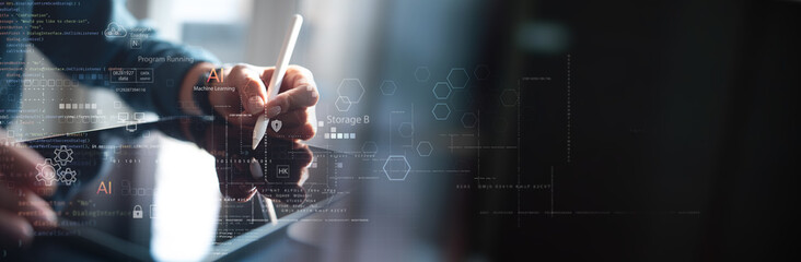 Data science and engineering. Computer programmer using tablet analyzing big data and cloud computing. Database management, algorithm and AI deep learning, digital technology, data analytics