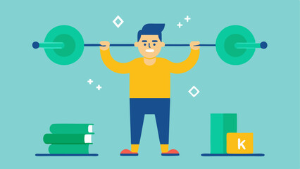 Financial Fitness Gym An investor lifting weights labeled Knowledge and Research in a gym setting portraying the importance of financial literacy in overcoming mental biases and