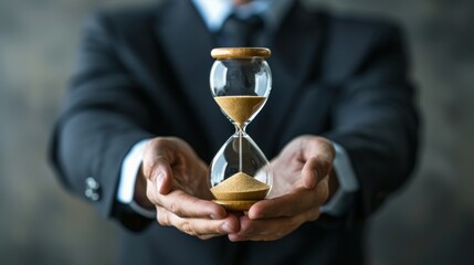 A person in formal attire gently cradles an hourglass, symbolizing the precious and fleeting nature of time, with grains flowing.