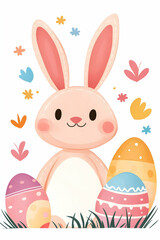Cute pastel bunny surrounded by Easter eggs and spring flowers