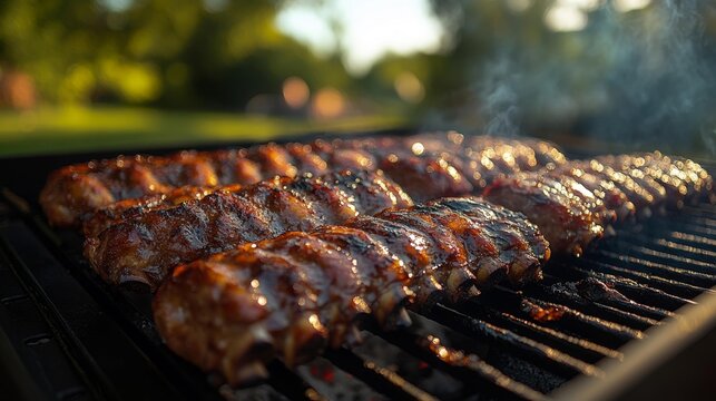 BBQ Grill with Sizzling Ribs and Smoky Backyard Vibes. Generative AI