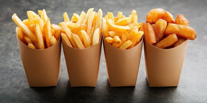 Four paper cups filled with different types of fries. The cups are arranged in a row, with the first cup containing regular fries, the second cup containing curly fries