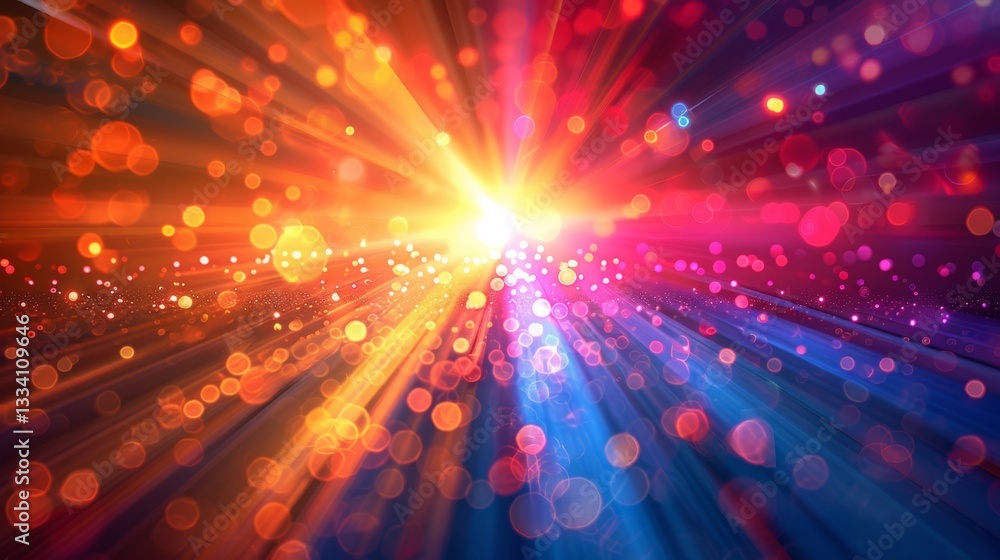 Poster a radiant explosion of color, with light beams and shimmering bokeh, creating a dynamic and energeti