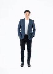 Full body image of a young Asian business man posing on a white background	