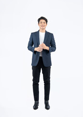 Full body image of a young Asian business man posing on a white background	