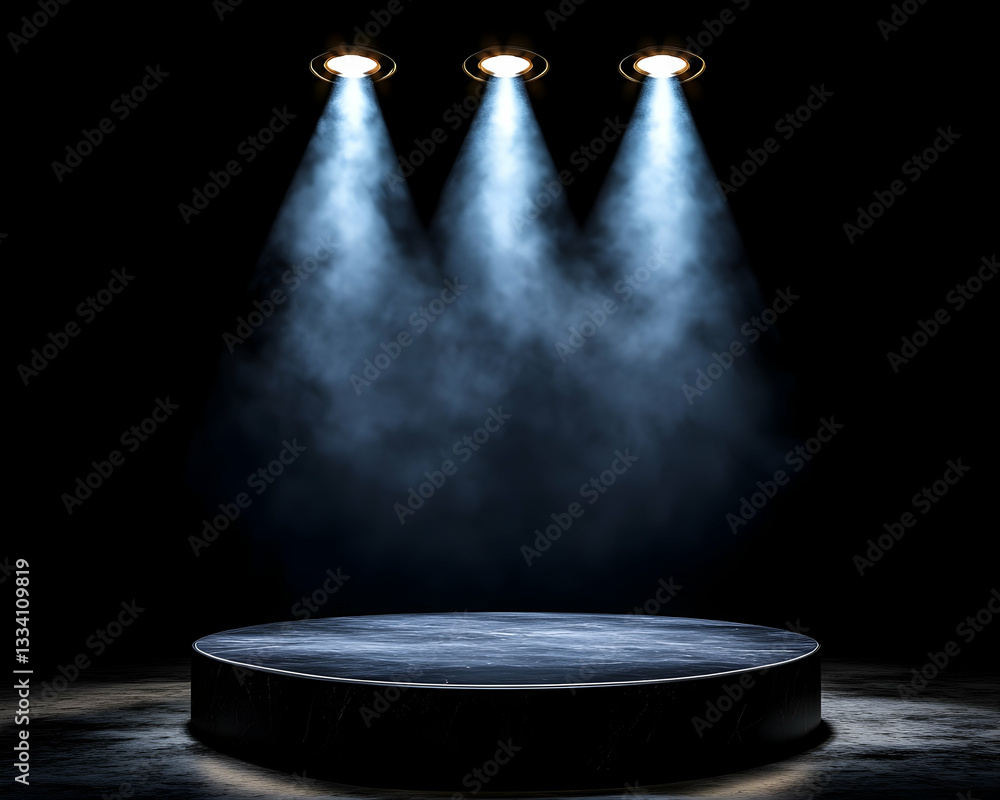 Poster dark stage with spotlights illuminating a circular platform