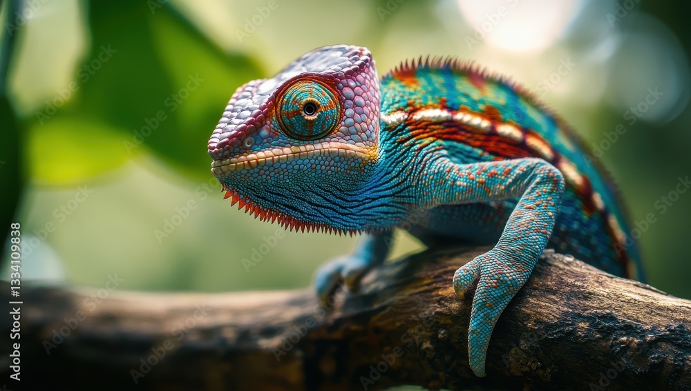 Poster vibrant and colorful chameleon perched on a branch in lush greenery showcasing its unique skin textu