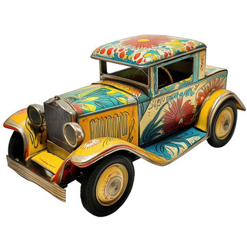 A vintage tin wind-up car with a colorful paint job and a friction motor isolated on a white background.