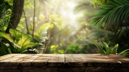 Obraz premium A rustic wooden table stands amidst the verdant embrace of a tropical rainforest, bathed in soft, diffused sunlight filtering through the canopy