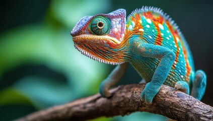 Vibrant Chameleon on a Branch Surrounded by Lush Greenery, Showcasing Unique Colors and Textures in Nature, Ideal for Wildlife and Exotic Themes