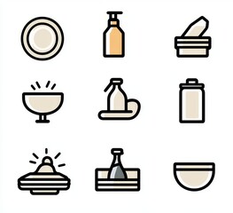 Kitchen and dining icons, various utensils, dishes, and containers