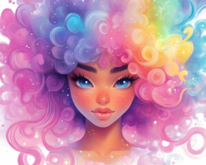 Naklejka premium Dreamy portrait of a girl with vibrant, rainbow-colored, fluffy hair