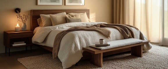 Elegant Bedroom Interior with Earthy Tones and Modern Design Accents Display