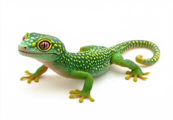 Fototapeta premium Vibrant Green and Yellow Gecko Toy Figurine with Detailed Features on a White Background for Creative Eco-friendly Playtime Imagery