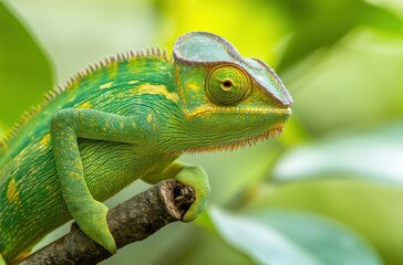 Obraz premium Vibrant Green Chameleon Perched on a Branch Surrounded by Lush Green Foliage in a Natural Habitat Setting