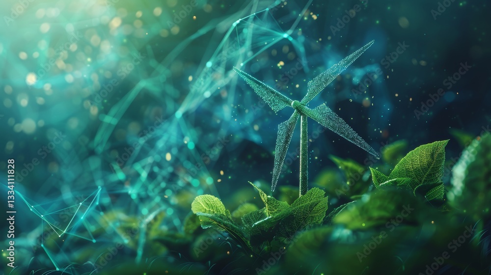 Poster a sparkling digital windmill standing in a patch of lush green plants, surrounded by networks of con