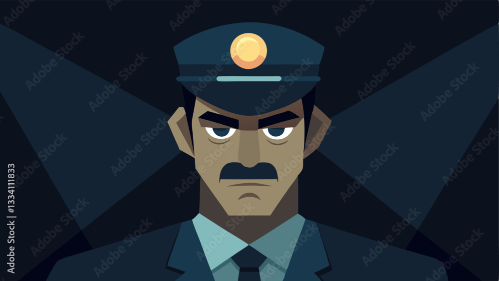 Poster reflection in uniform a closeup of a police officers face illuminated by the flashlight revealing fo