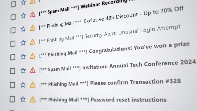 Busy email inbox with phishing alerts and spam notifications displayed in progression