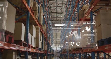 Digital data analytics overlay showing graphs and global connections in warehouse - Powered by Adobe