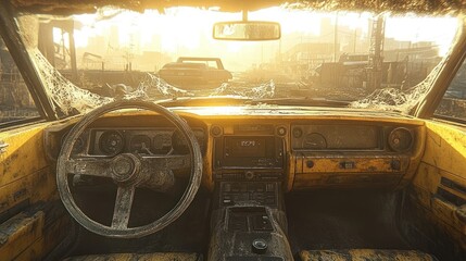 Obraz premium Abandoned yellow car interior in a post-apocalyptic cityscape. Dusty dashboard, steering wheel, and cracked windshield. Sunlight streams through