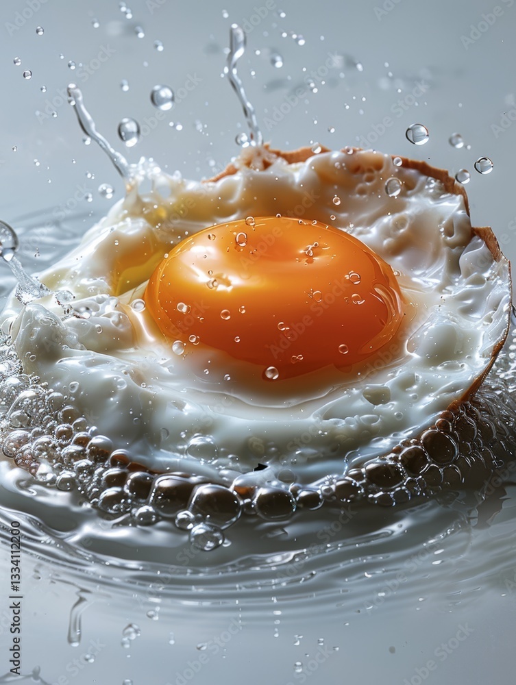 Poster a sunny-side-up breakfast delight being splashed with water, showing the texture and vibrant colors 