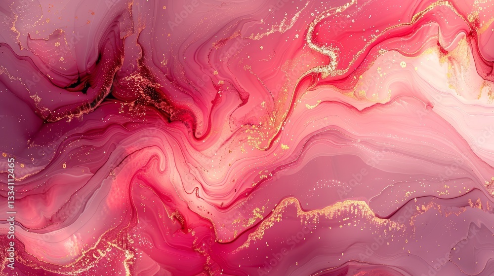 Poster a swirling composition of vibrant pink and deep red liquid colors with shimmering gold accents, crea