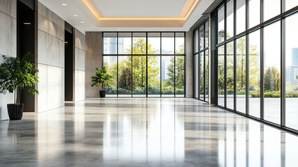 Fototapeta premium Modern concrete hall with glowing windows, embodying simplicity and clean minimalism in architectural design. 