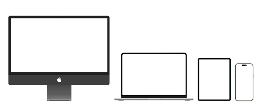 Device screen mockup. Smartphone, tablet, laptop and  monitor with blank screen mockup template. iPhone 16 Pro Max ,macbook, imac, ipad realistic mockup vector.