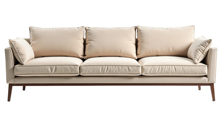Beige velvet sofa with cozy pillows, modern living room furniture. Minimalist design on white. Home decor product shot. Isolated on transparent background.