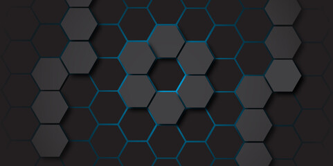Abstract 3D Hexagonal Grid with Cyberpunk Aesthetic. Hi-Tech Black and Blue Honeycomb Texture. Hexagon. Vector. 