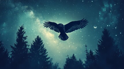 Majestic owl soars through the enchanting night sky above the forest