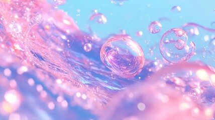 Shimmering Pink and Blue Liquid with Bubbles and Particles